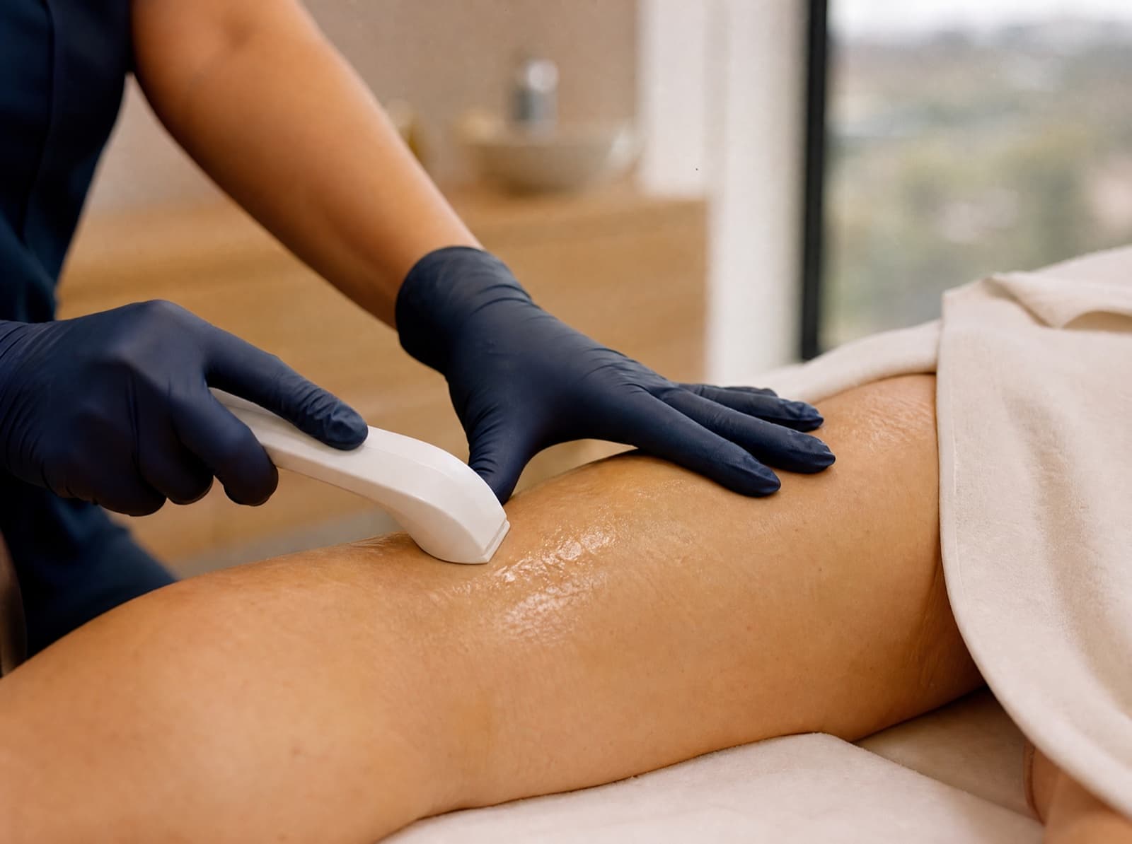 A practitioner treating the back of a patient's thigh with a handheld applicator
