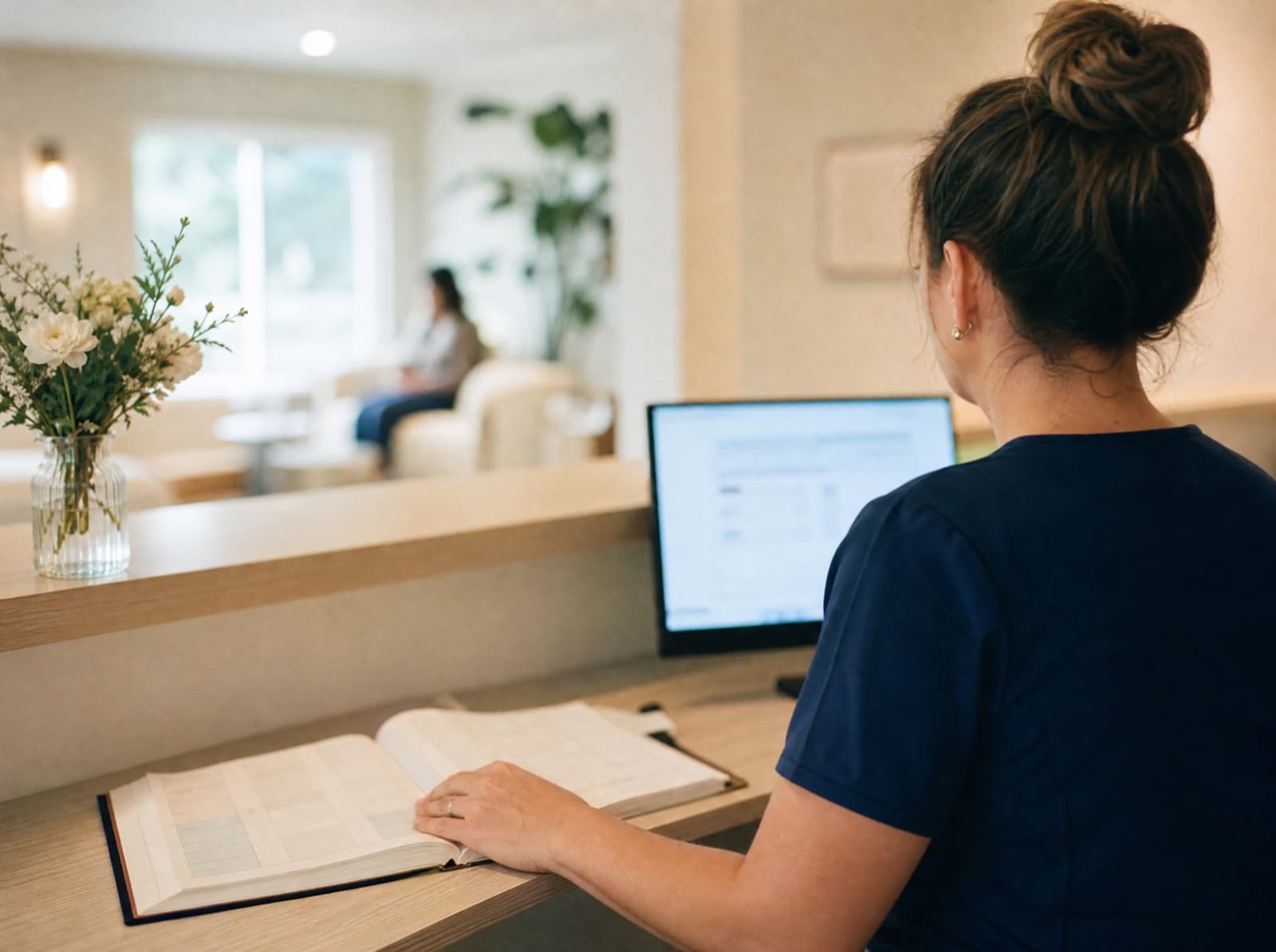 A Soza Clinic receptionist booking an appointment at the front desk