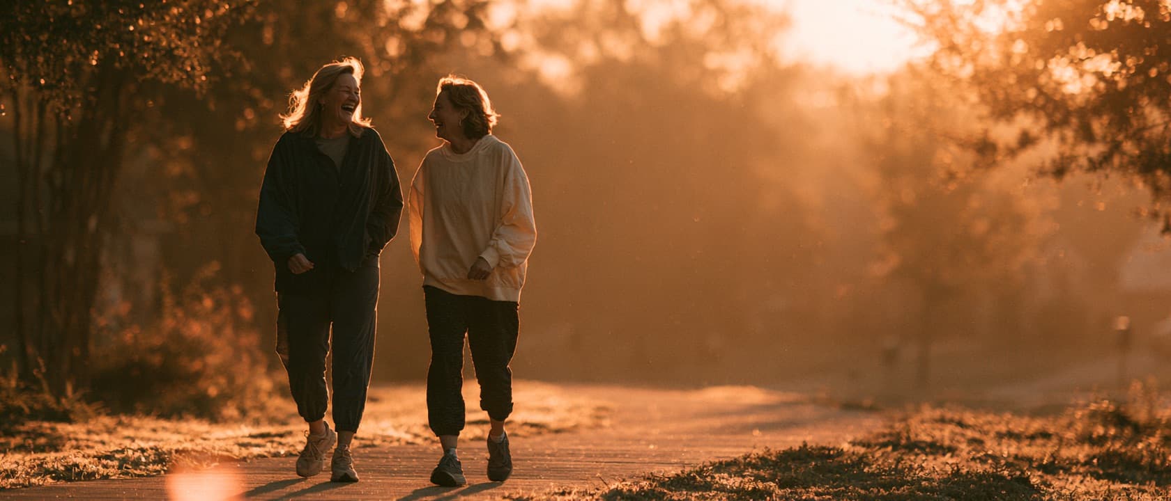 Two women walking together outdoors at golden hour