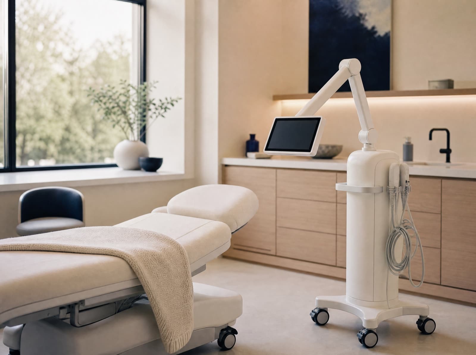 A skin tightening console standing beside a treatment bed