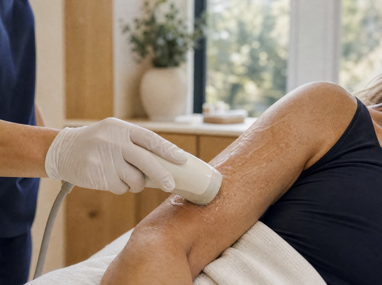 A practitioner gliding a radio frequency applicator across a patient's upper arm