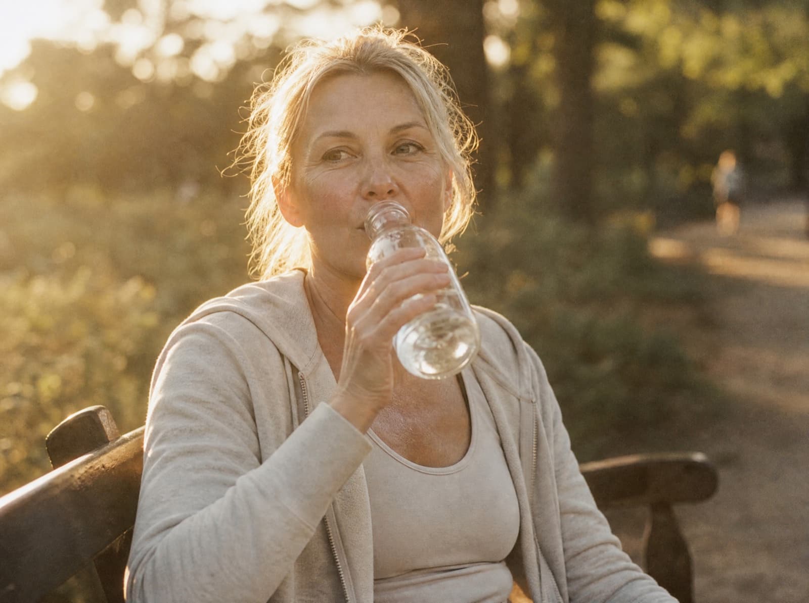 A woman drinking water on a park bench after a walk