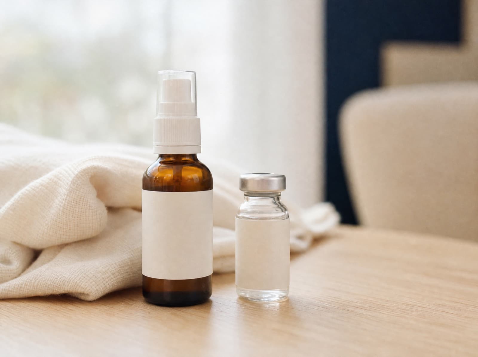 A sublingual spray bottle beside a B-12 vial on a clinic counter