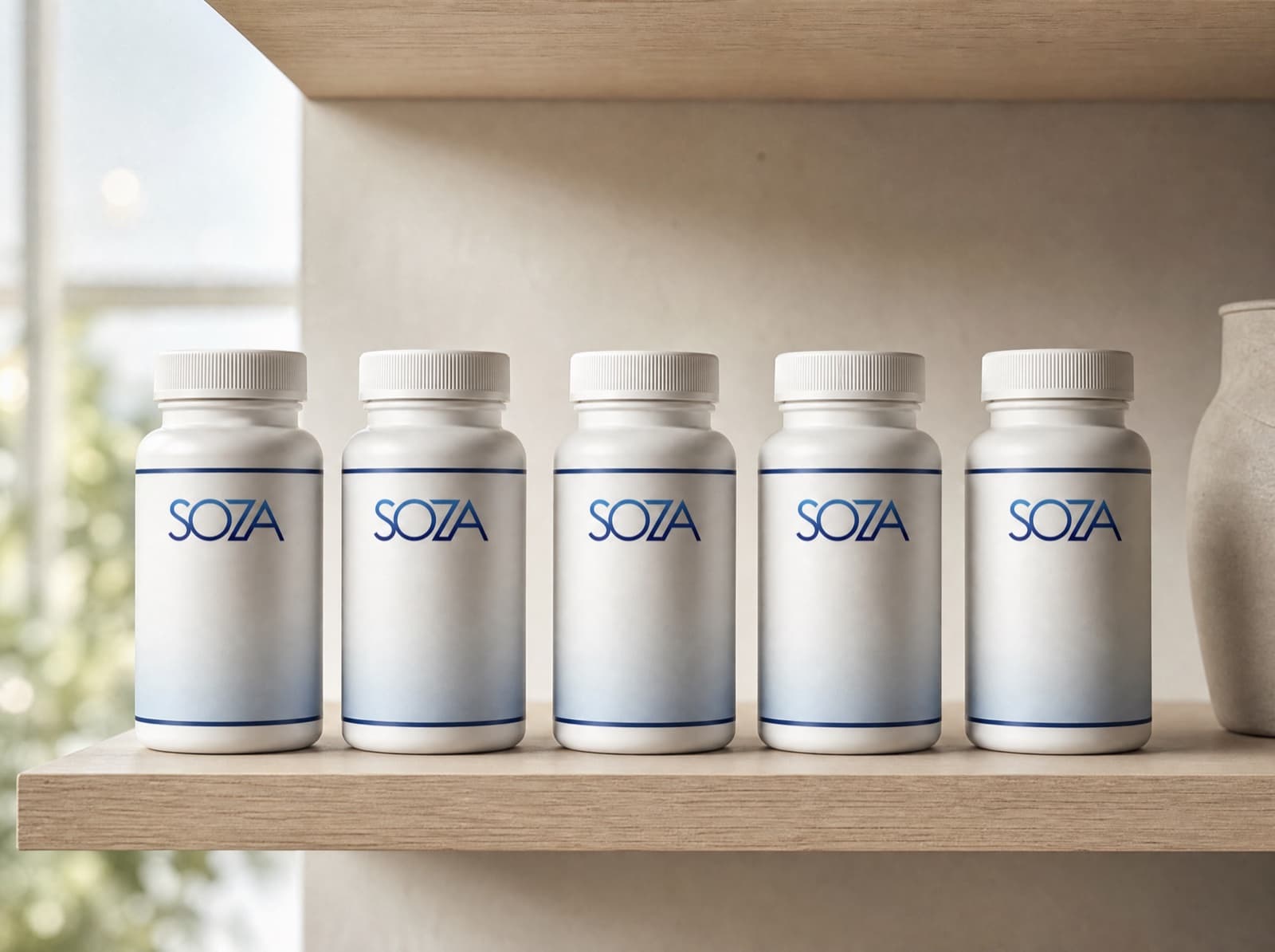 A row of Soza supplement bottles on a clinic shelf