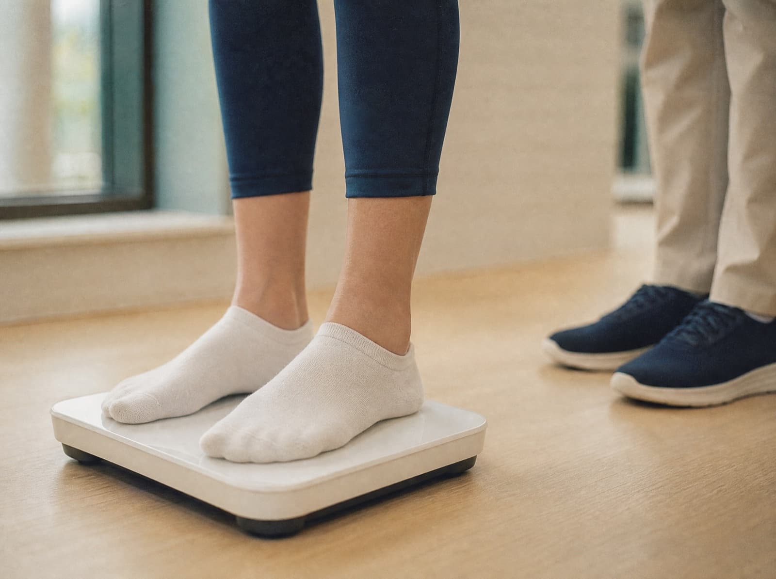 A patient stepping onto a medical floor scale during a weekly visit